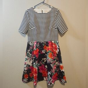 Eliza J size 14 Striped and Floral Mixed Media Scuba Ruffle Dress Brand New!
